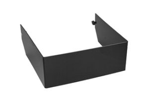 A black, rectangular metal bracket, the SPYFD-80100 ERGO-PRO Full Deflector for SPY80-1P/SPY80-1S/SPY100-1S, is displayed on a white background. It has two sides and a base with holes on each upper corner for mounting or attachment.