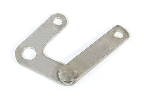 The 1007811 Control Linkage Assembly is a metal L-shaped bracket with two circular holes at each end and a pivot joint at the corner for rotation, featuring a smooth metallic surface vital for industrial mechanical control applications.
