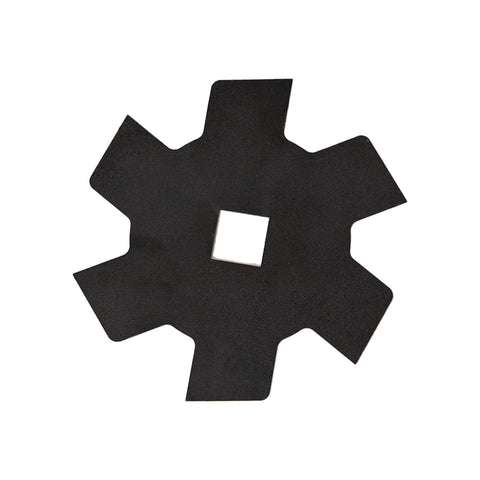 The 1009231 Blade is a black, six-pointed rotary hoe blade featuring a square center hole for efficient soil tilling. Its star-like shape is due to the evenly spaced symmetrical protrusions.