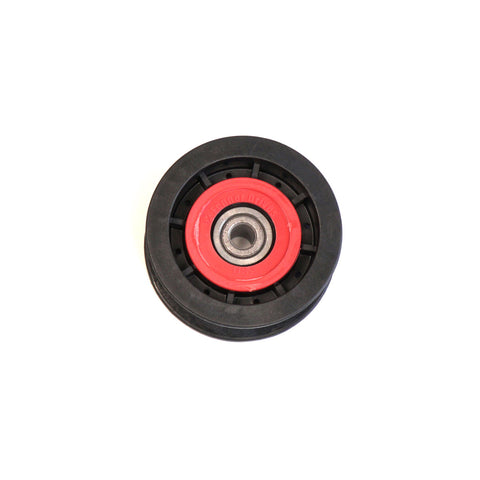 A close-up of the 1008804 Idler Pulley, featuring a red inner circle and metal bearing at the center, isolated on a white background. Perfect for those needing a pulley replacement or high-quality engine components.