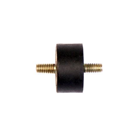 The 1008802 Rubber Motor Mount is a black, cylindrical item with threaded brass studs on both ends, displayed against a white background.